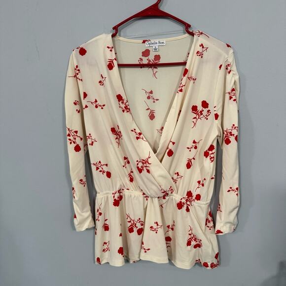 Ophelia Roe Wrap Front Floral Cream & Red Top Women's Size Small w/ Hook & Eye - Picture 1 of 9